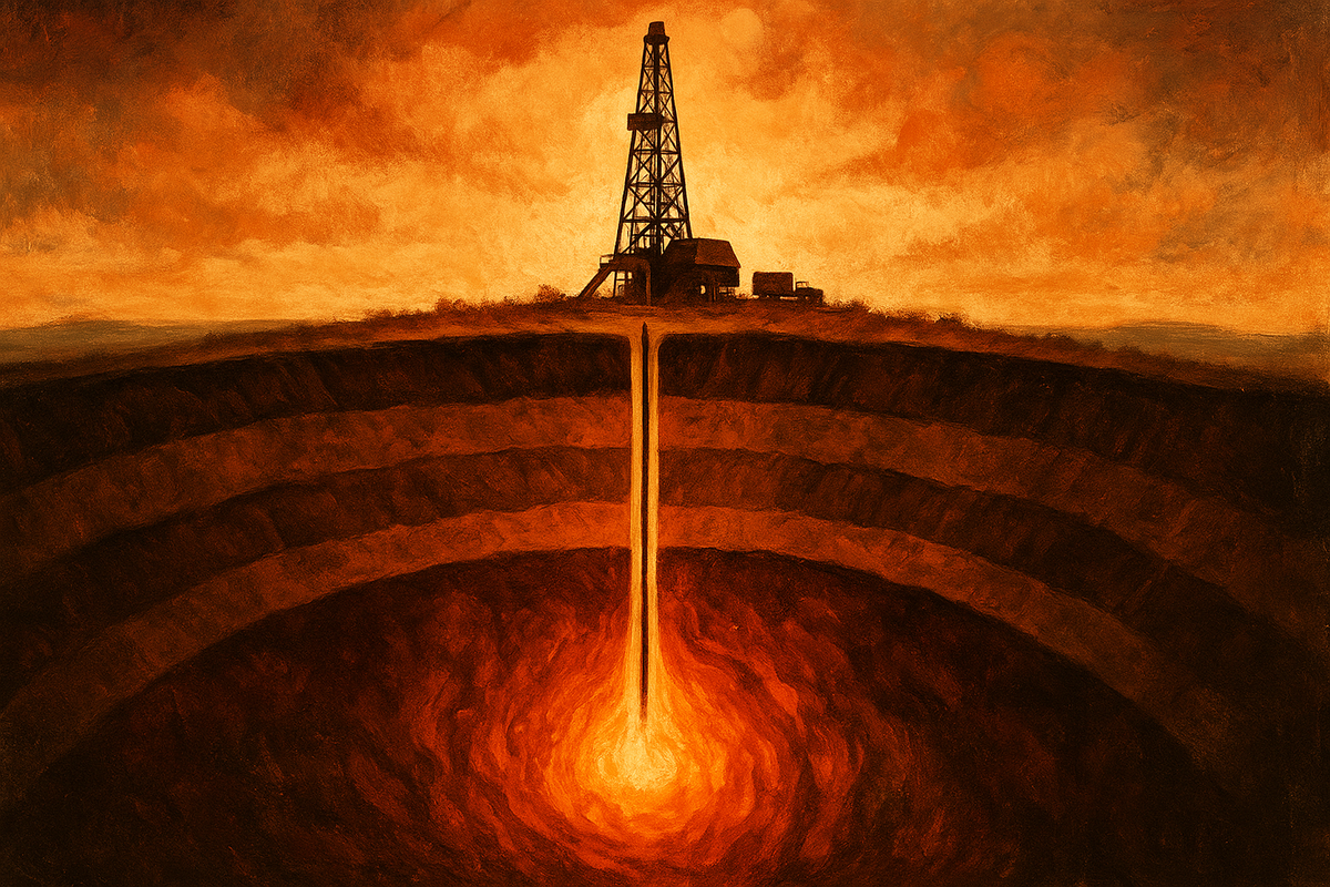 Illustration of geothermal drilling into hot rock beneath the Earth