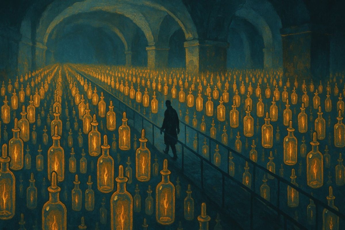 Illustration of a vast vault of glowing glass vials representing centralized secrets management