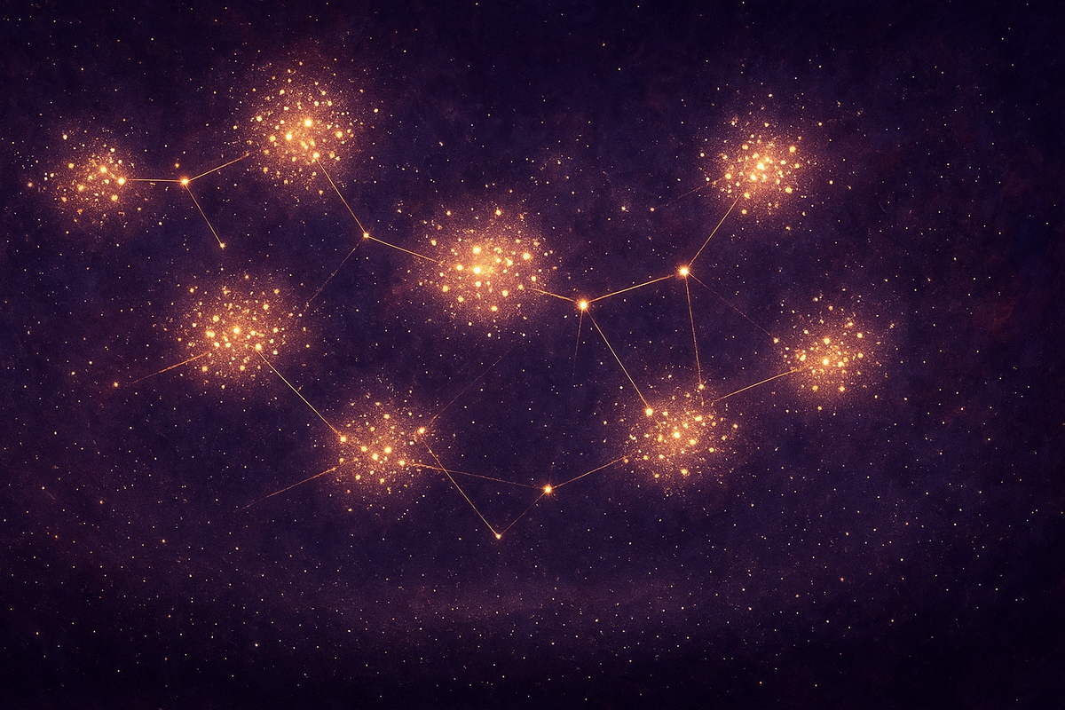 Illustration of a high-dimensional vector space with clustered points and nearest-neighbor connections