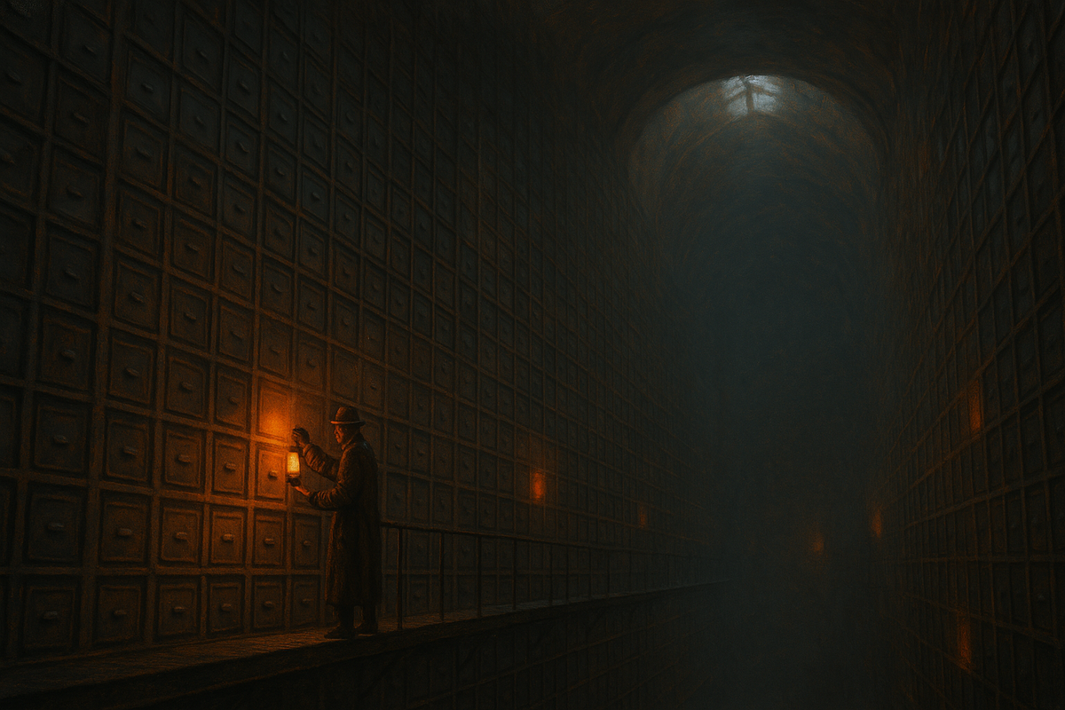 A vast archive of iron doors, a few glowing from behind, with a surveyor marking one