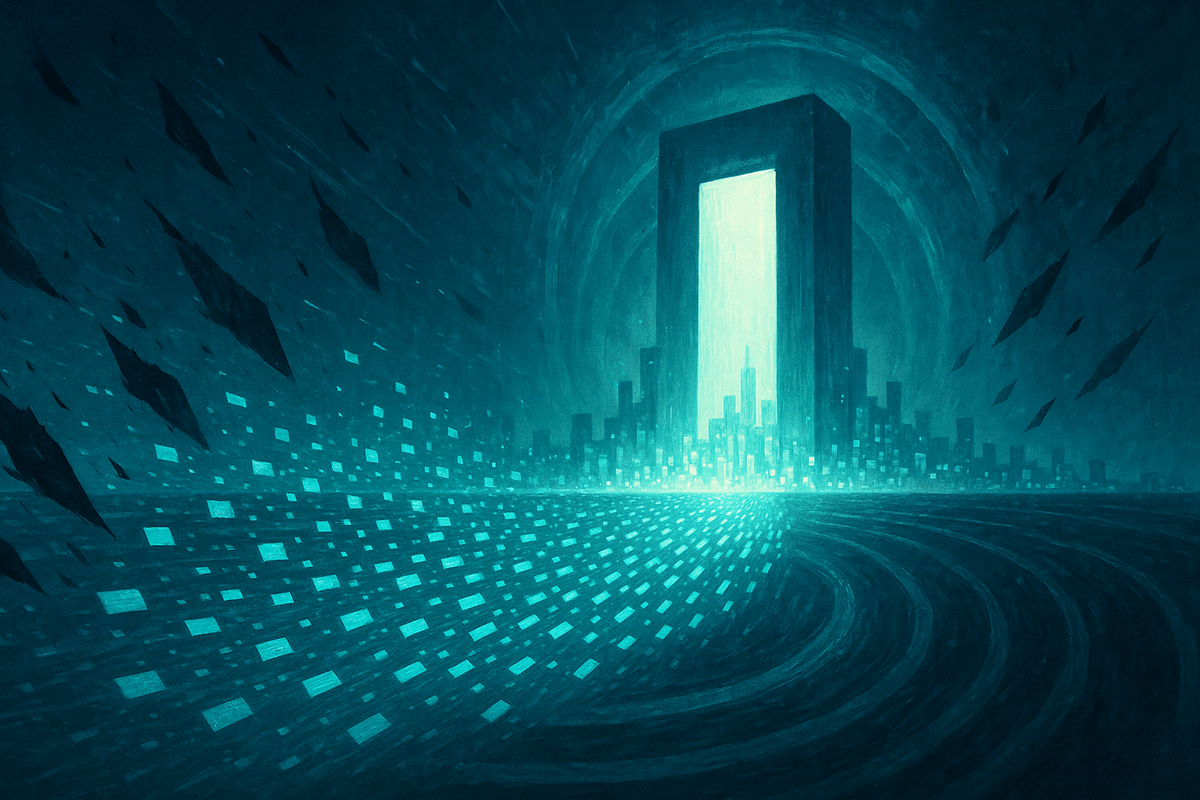 Painterly illustration of a luminous gateway shielding a digital city from a stream of hostile data