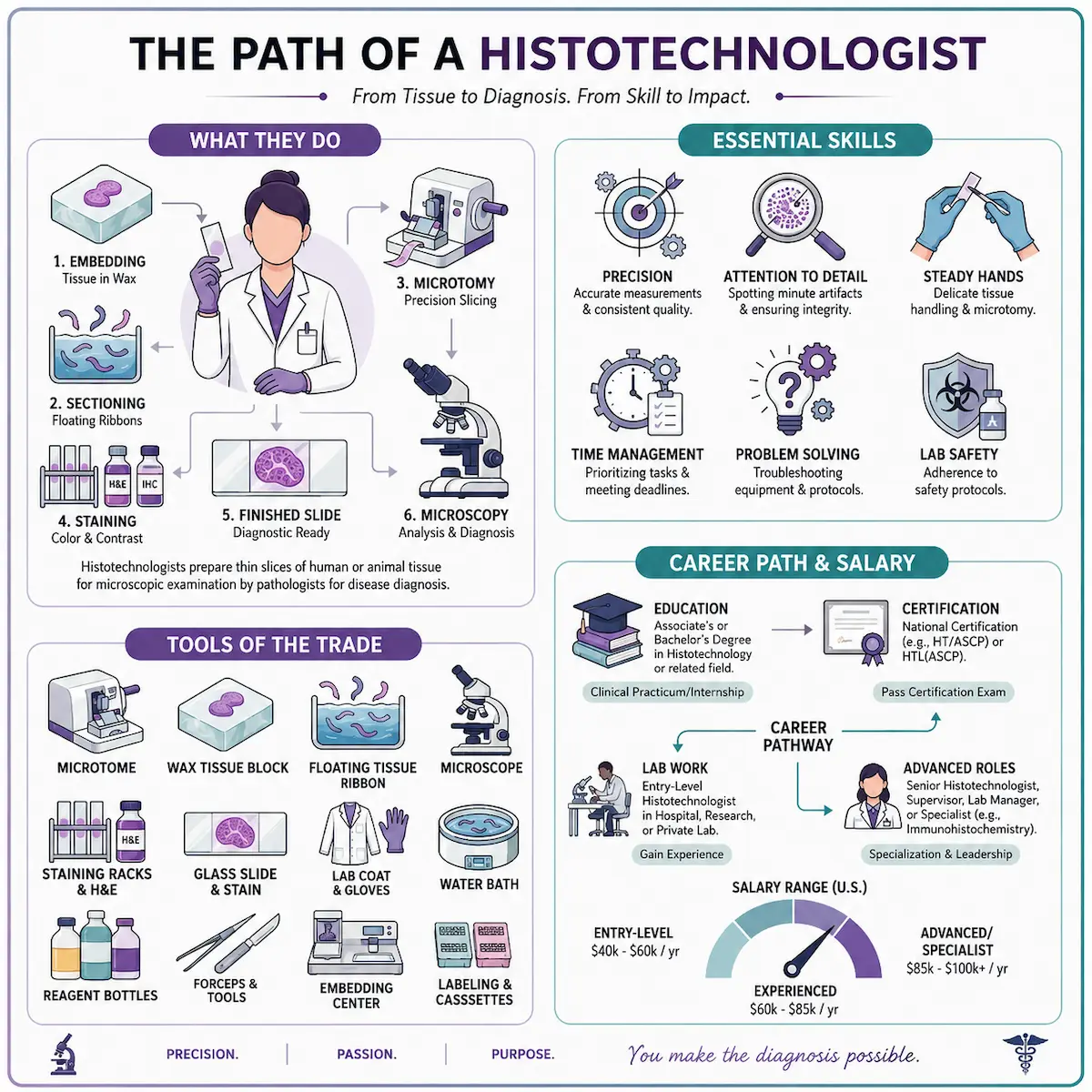 Infographic on histotechnology careers covering embedding, sectioning, microtomy, staining, microscopy, lab tools, required skills, and salary ranges.
