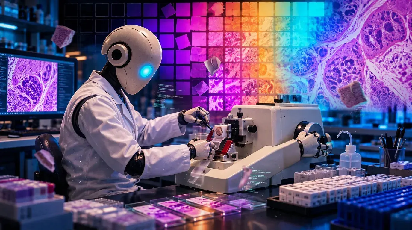 White humanoid robot in a lab coat operating a rotary microtome at a lab bench, in front of a glowing wall of pink and purple histology tissue images