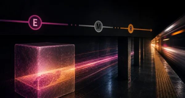 A glowing paraffin block containing tissue sits on a dark platform beneath a transit line marked E, M and R, with a blurred train passing at right.