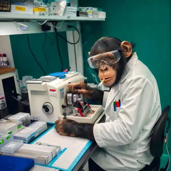 A chimpanzee in a lab coat and safety goggles operates a microtome at a histology bench, a lit cigarette in its mouth, slide trays stacked beside it.