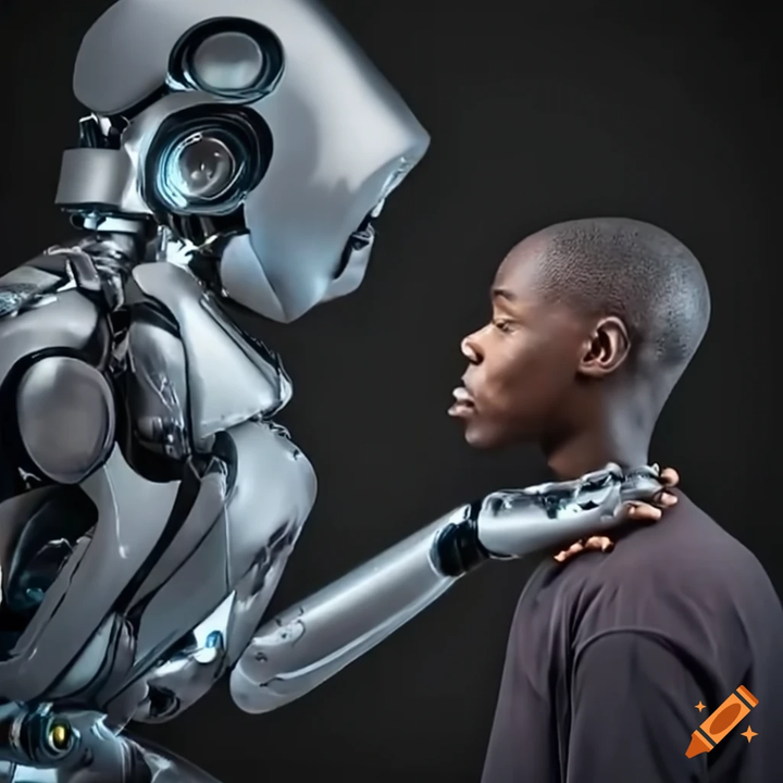 A robot standing a foot above a black man with its hand on his shoulders.