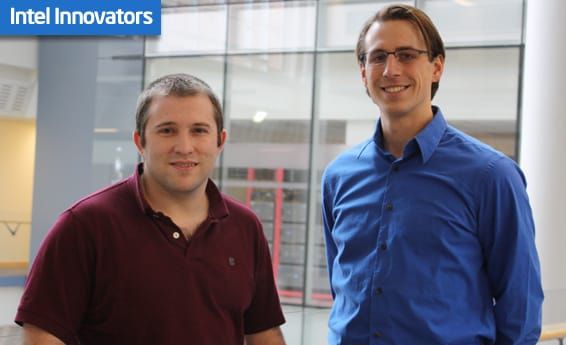 Chris McMeeking and Jeff Miller in business casual garb receiving recognition for success in the Intel Innovators competition.