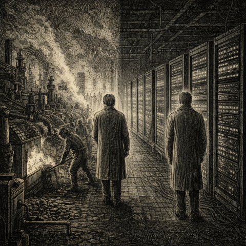 An engraving-style illustration of an industrial interior that blends a traditional factory with a modern data center, showing machinery, server racks, and small human figures within a large mechanical space.