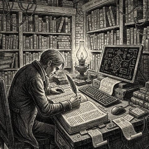 An engraving-style illustration of a single figure writing at a desk surrounded by books, papers, a quill, and a computer displaying abstract symbols.