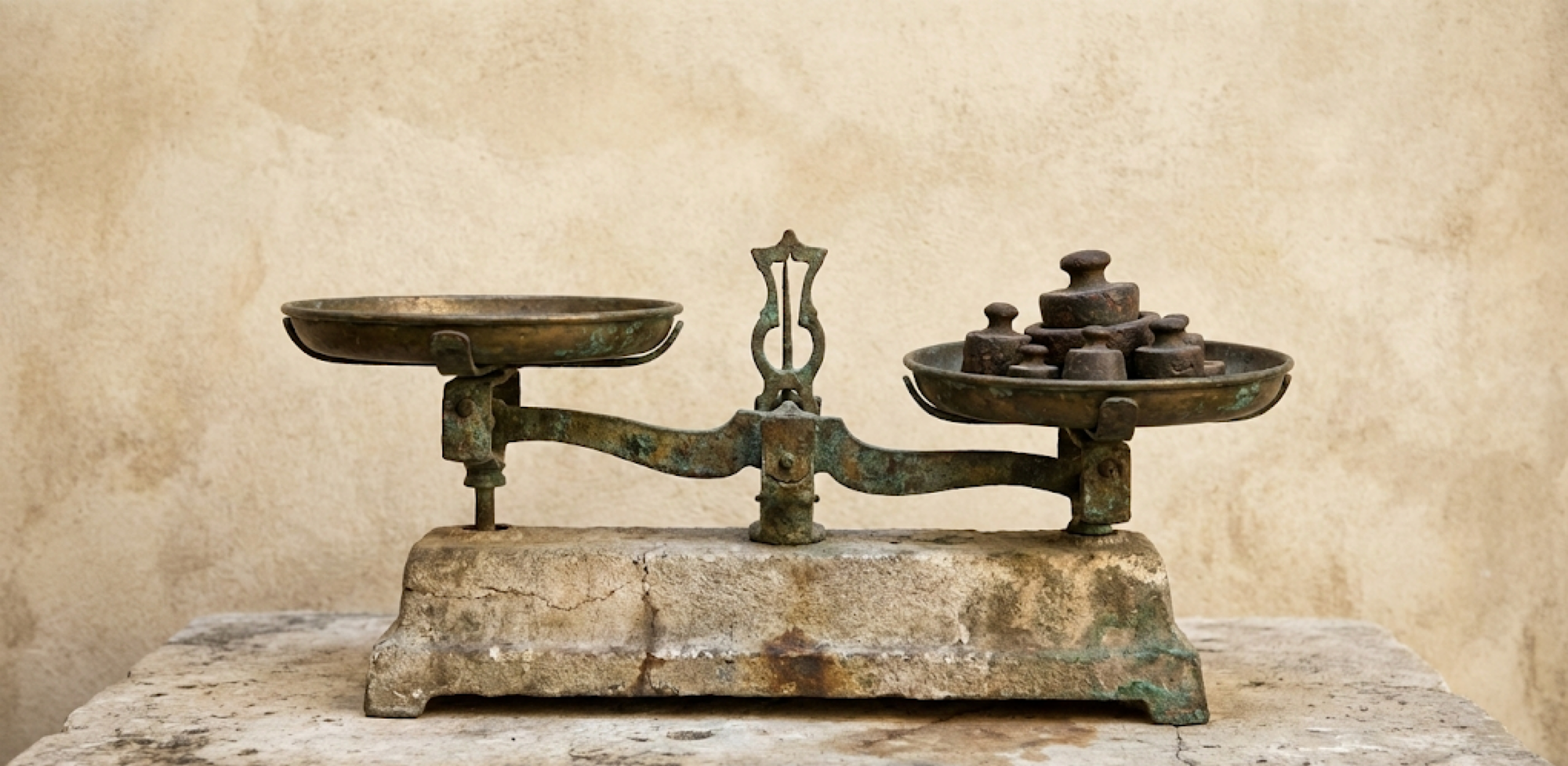 Antique balance scale with one side holding several weights