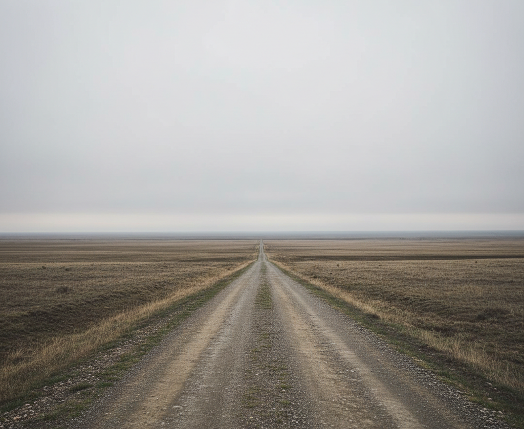 Empty dirt road stretching across open plains toward the horizon