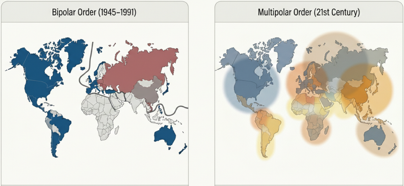 Side-by-side world maps comparing the Cold War’s bipolar order with today’s multipolar system characterized by overlapping spheres of influence.