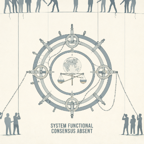 A mechanical diagram of a global system under external pressure, illustrating how institutional power persists despite the absence of shared consensus.