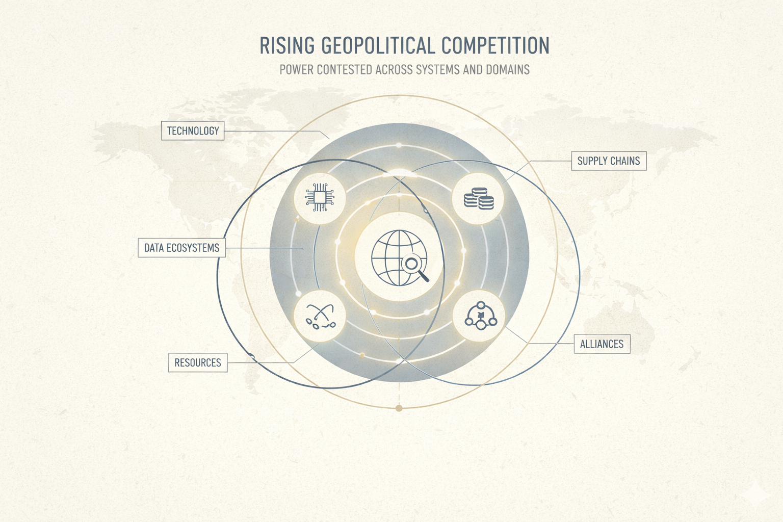 Diagrammatic visualization showing overlapping domains of geopolitical competition, illustrating rising systemic pressure and miscalculation risk.