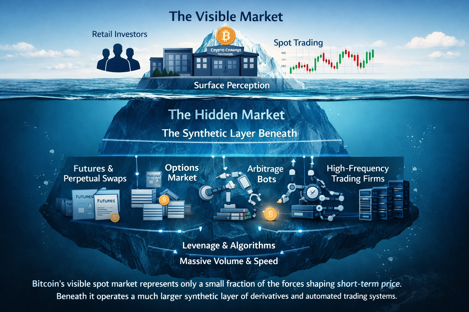Iceberg diagram showing a small visible Bitcoin spot market above water and a much larger hidden synthetic derivatives market below.