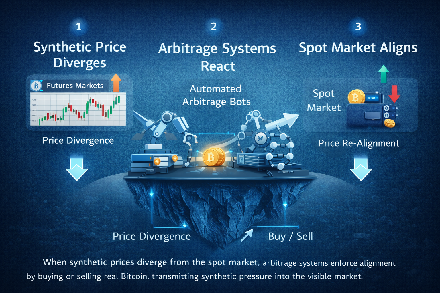 Flow diagram showing how price changes in Bitcoin futures trigger automated arbitrage that forces the spot market to realign.