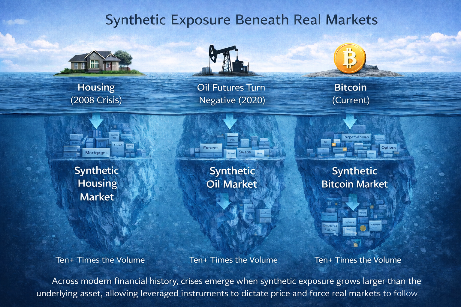 Iceberg diagrams showing real asset markets above the surface and larger synthetic markets below for housing, oil, and Bitcoin.