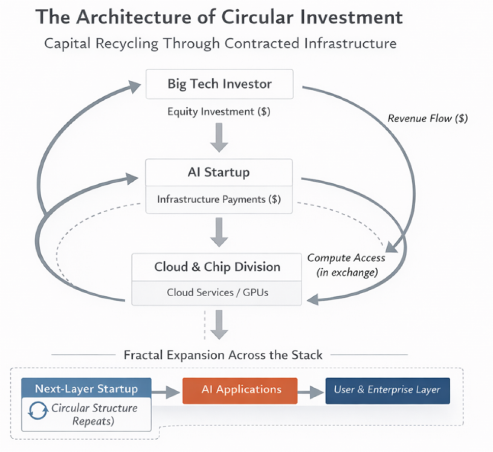 Diagram showing a circular investment structure in which a Big Tech investor provides equity to an AI startup, the startup makes infrastructure payments to a cloud and chip division, revenue flows back to the investor, and equity stake and appreciation are retained. The lower section illustrates that the same circular structure repeats across additional layers of the AI stack.