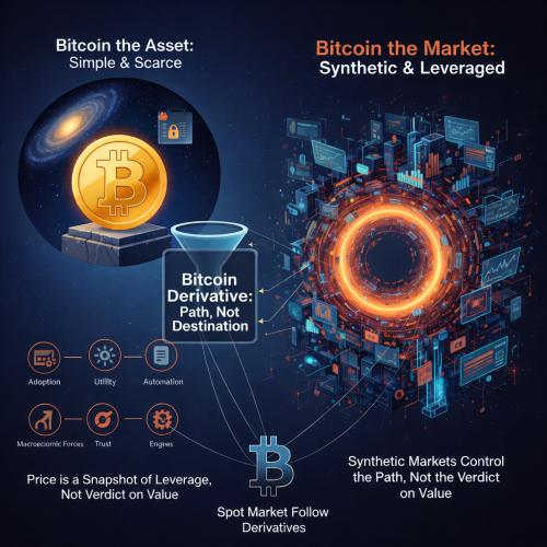 Infographic contrasting Bitcoin as a scarce asset driven by fundamentals with Bitcoin’s synthetic, leveraged derivatives market where short-term price is shaped by leverage and positioning rather than intrinsic value.
