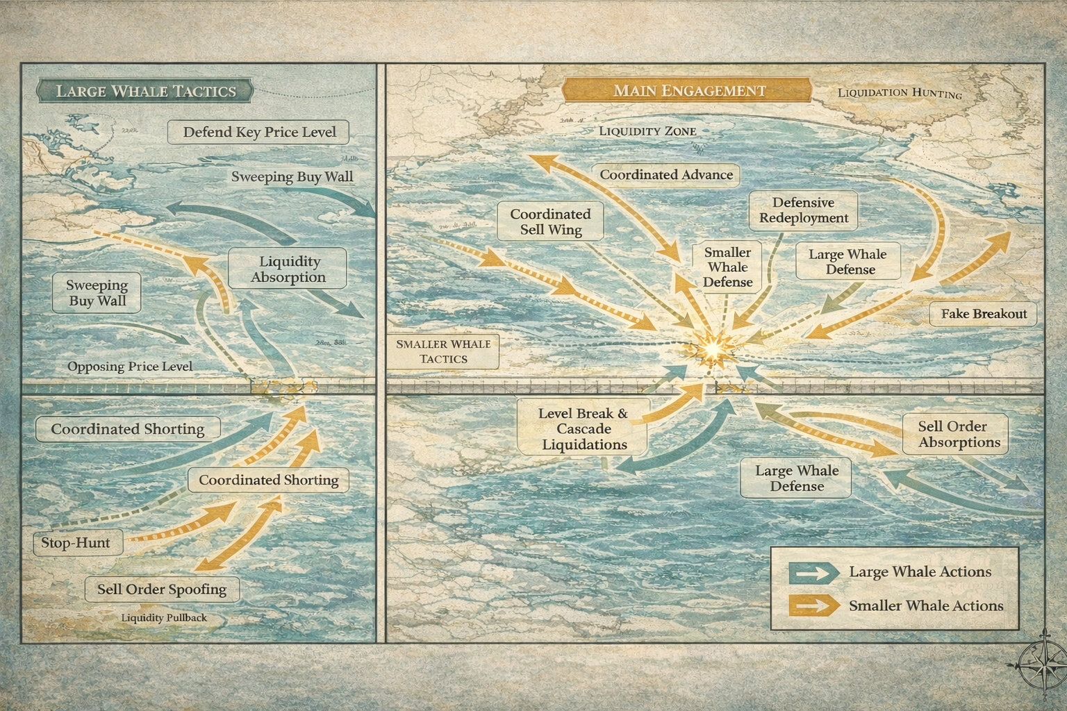 Strategic naval-style map illustrating coordinated trading tactics, defensive maneuvers, and multi-front pressure among large and smaller synthetic market participants.