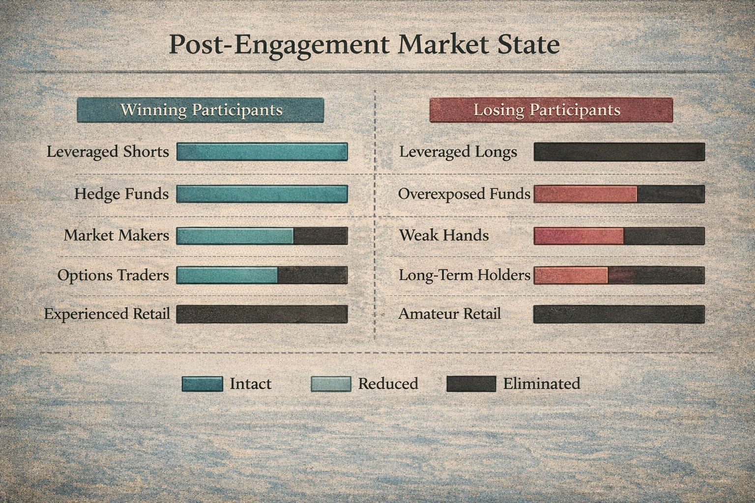Infographic showing the post-engagement state of a market after a major conflict, with surviving participants, reduced positions, and eliminated strategies displayed to illustrate capital loss, forced exits, and redistribution of market influence.