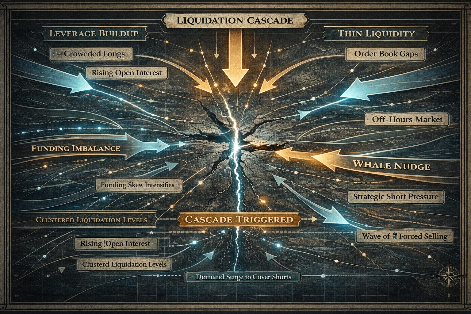 Abstract schematic showing multiple pressure vectors, including leverage buildup and thin liquidity, converging on a central rupture labeled liquidation cascade, illustrating how forced selling propagates through a leveraged market structure.