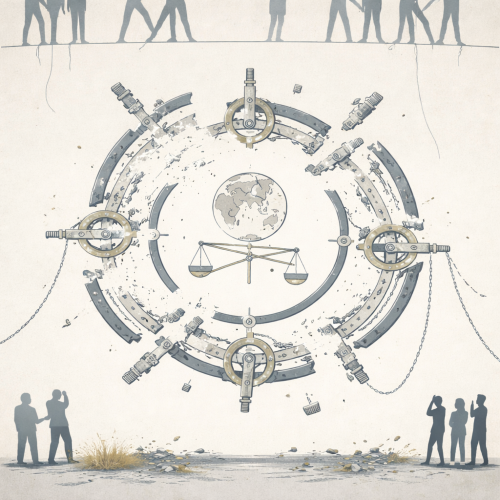 Conceptual illustration of a broken interconnected mechanism with disconnected components, symbolizing a global system that still exists but no longer operates through shared consensus or coordinated control.