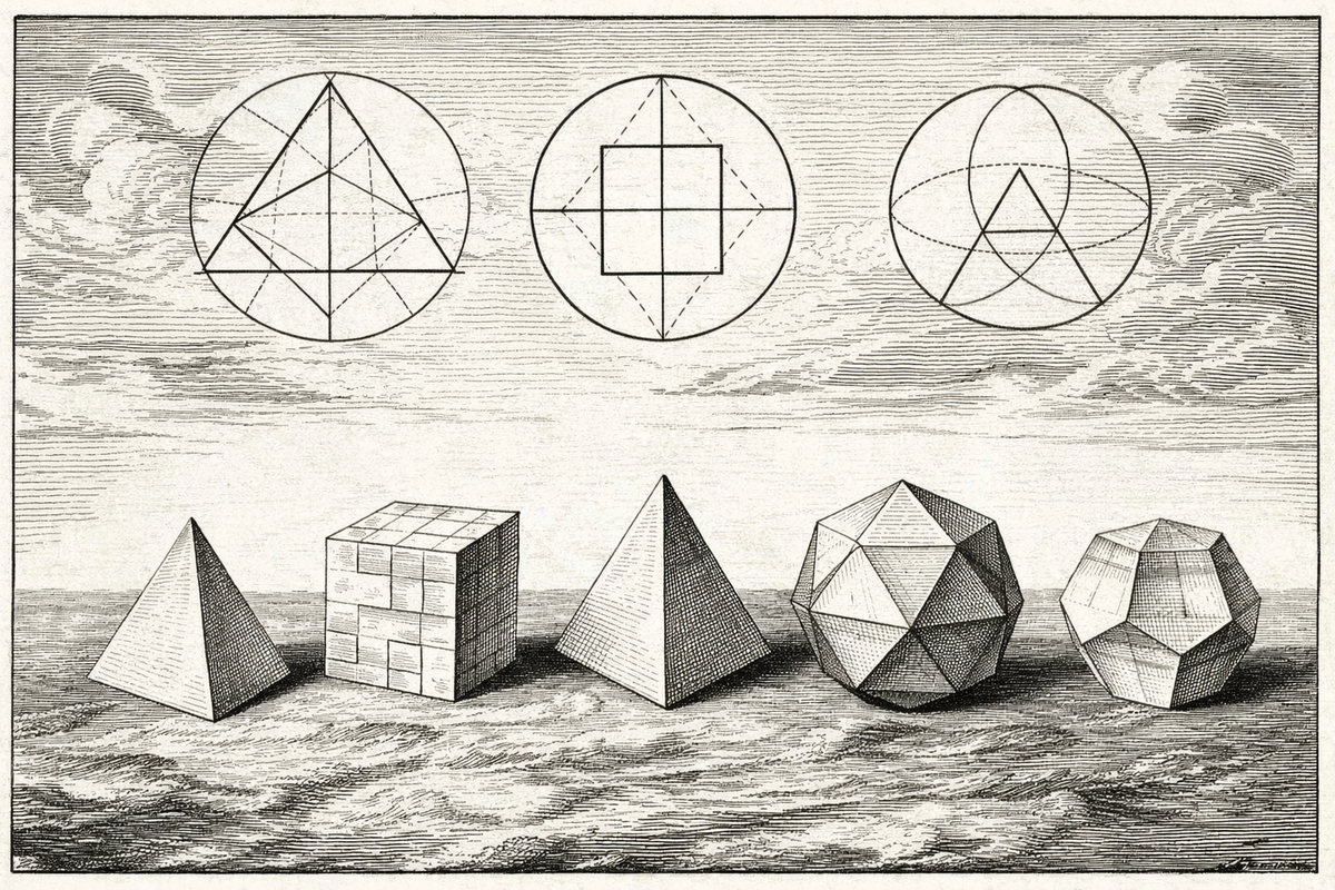 Renaissance engraving of Platonic solids, symbolizing intelligible order and form.