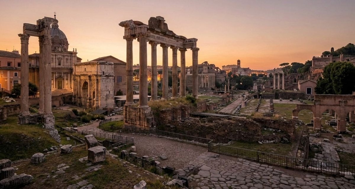 Ancient Roman forum at dusk, with standing columns and empty stone pathways