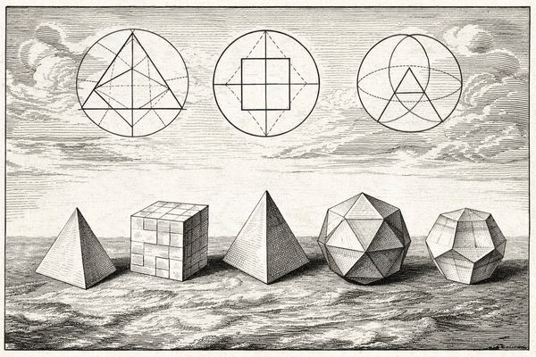 Renaissance engraving of Platonic solids, symbolizing intelligible order and form.