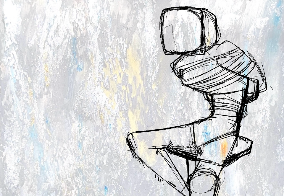 Rough sketch of a human computer tied to a chair over silvery pastel backdrop