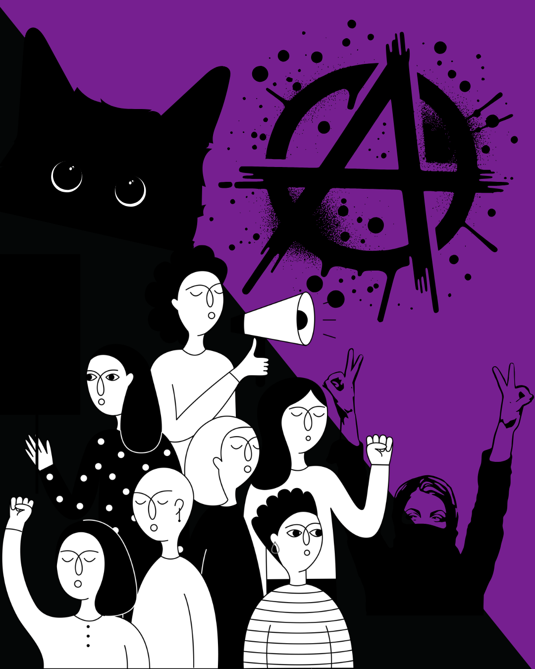 graphic art design, purple, black & white, with a black cat and a small crowd of empowered people