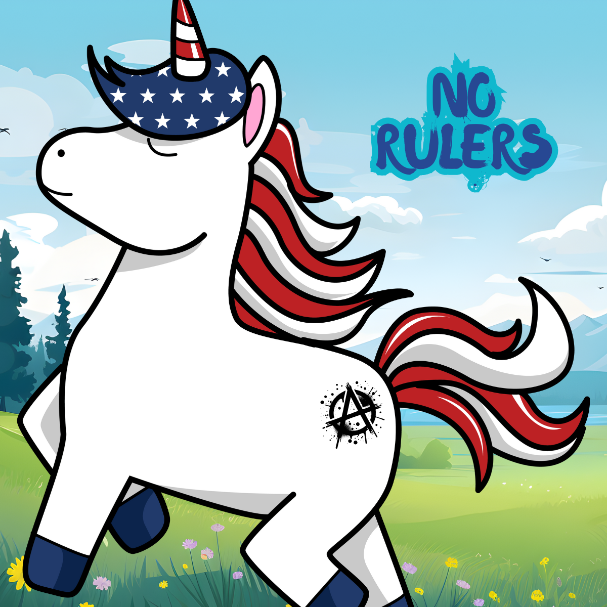 anarchy unicorn in red white and blue colors, text says no rulers