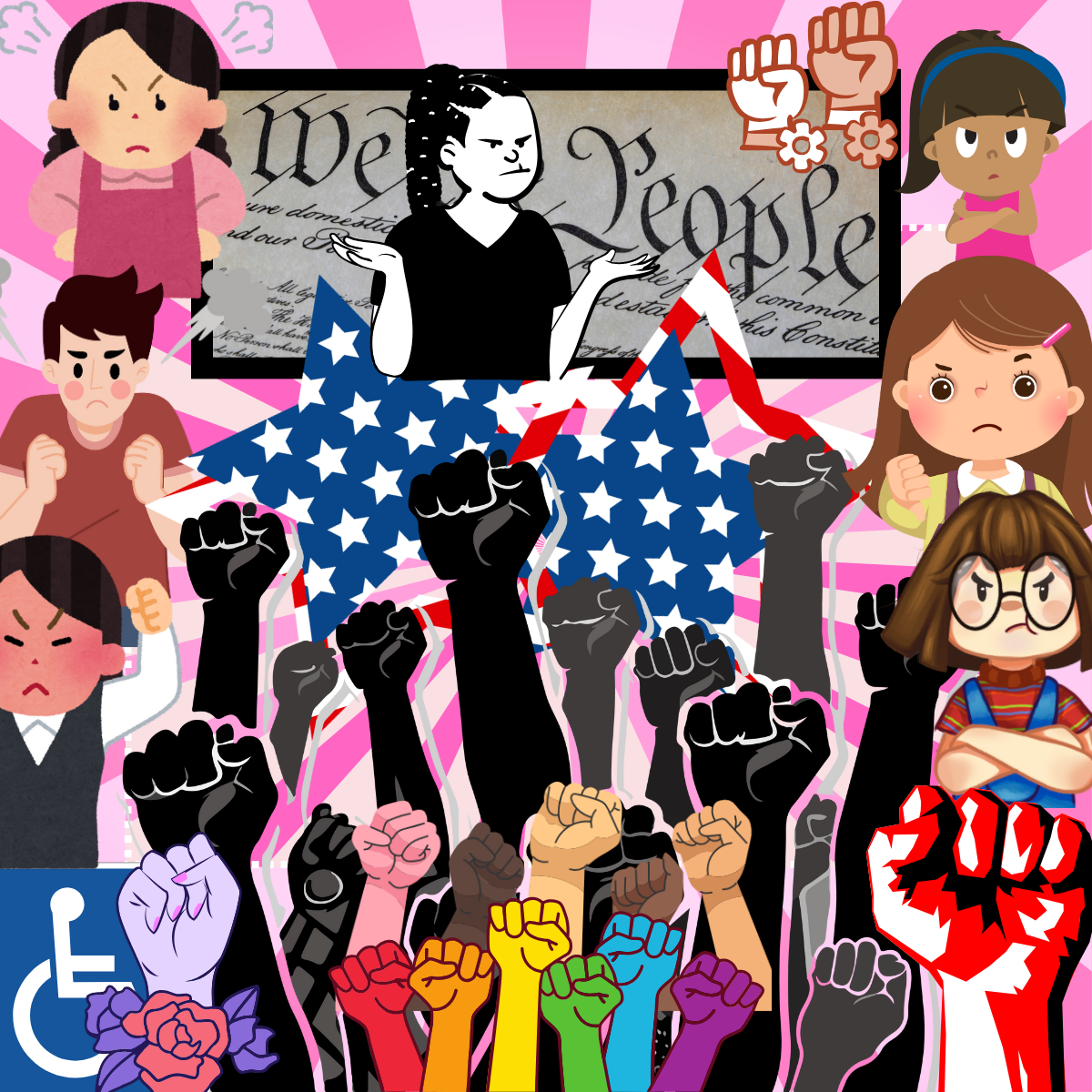 a bunch of fists and angry faces, "we the people"