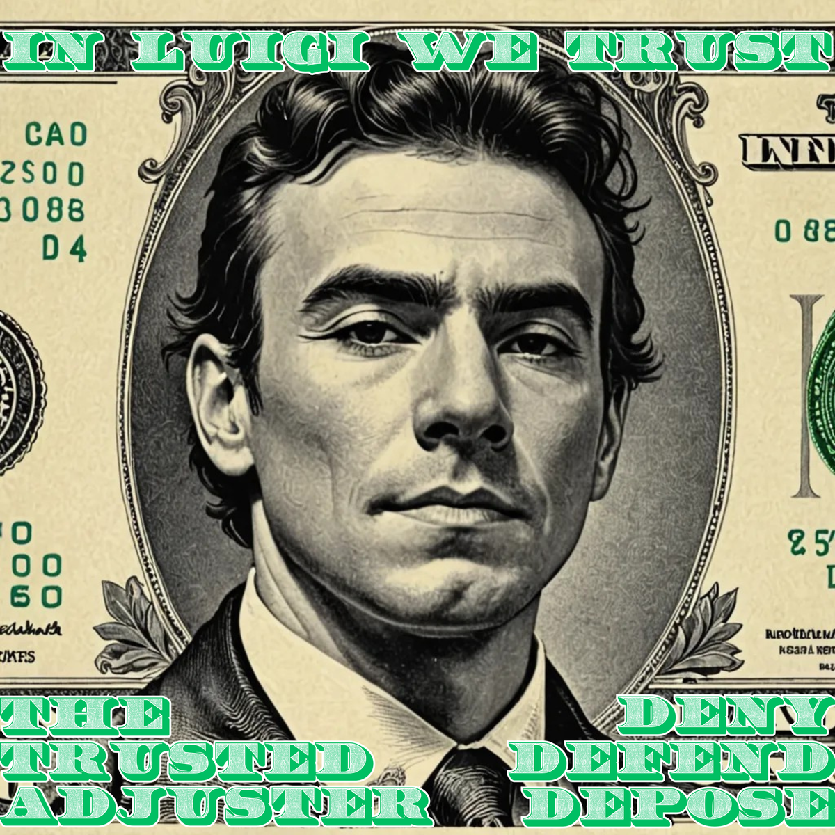 Mockup of a dollar bill, In Luigi We Trust, The Trusted Adjuster, Deny Defend Depose