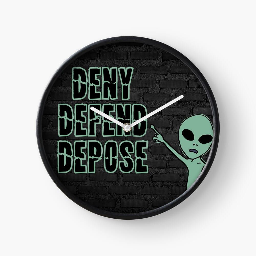 background is black brick wall. green alien points to words: deny defend depose