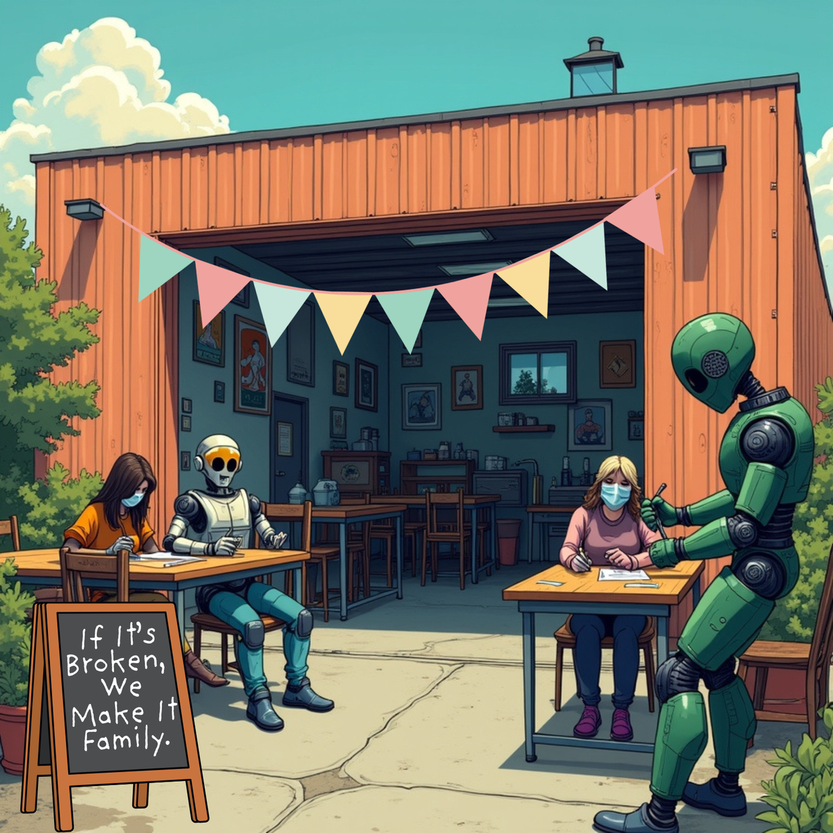 the human aunties and the robots work outside in the hackyard, a converted industrial space that is now a hackerspace collective