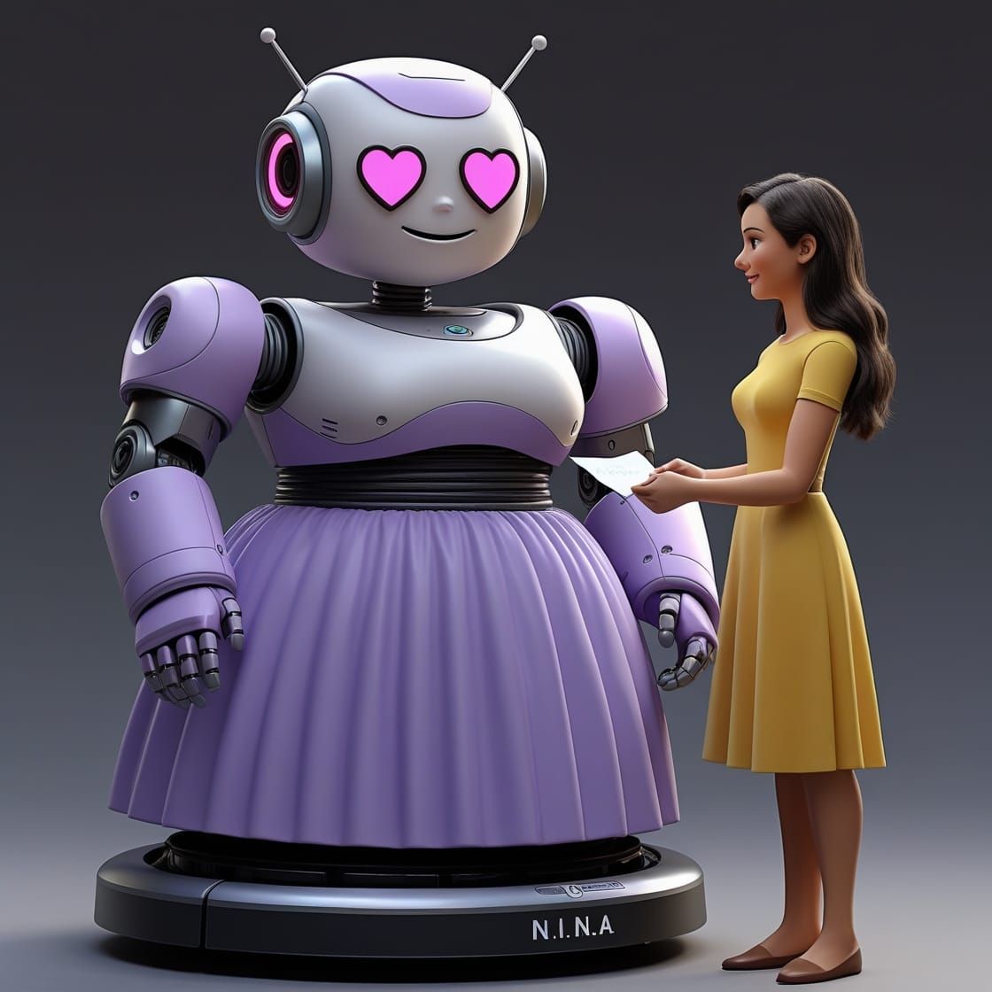 lavender nannybot NINA hands human caretaker a note