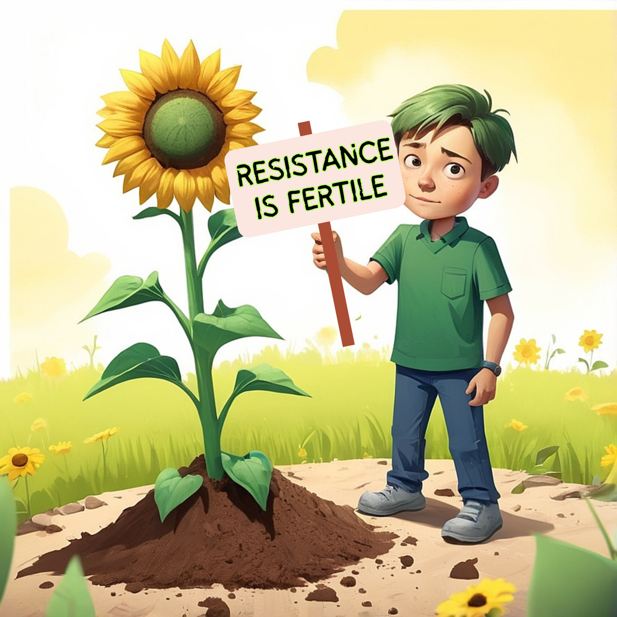 a green haired child stands next to a tall sunflower growing out of a mound. they hold a sign reading #ResistanceIsFertile