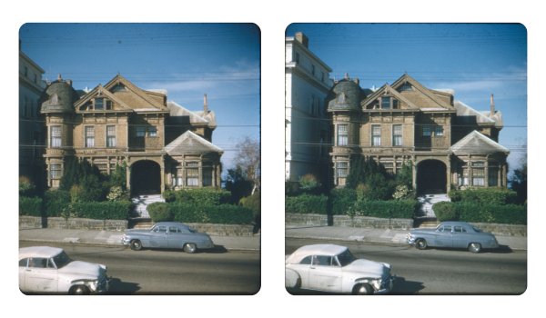 Two slide images side by side, of a multi-story light brown Victorian home with grey/blue car parked in front.