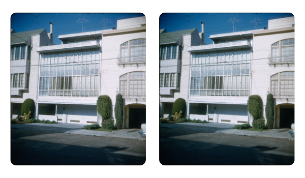 Two nearly identical images of a modernist flat-front home, side by side.