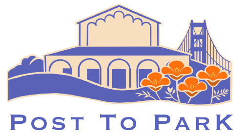 Post to Park logo featuring Presidio Theatre exterior and Golden Gate Bridge with poppies