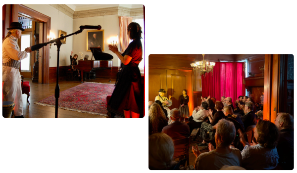 Two photographs, one of a woman at a piano waving and another of two people in a parlor facing a seated audience.