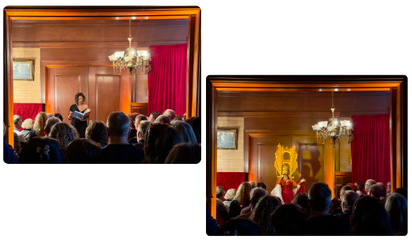 Two photographs, each of one performer in a parlor facing a seated audience.