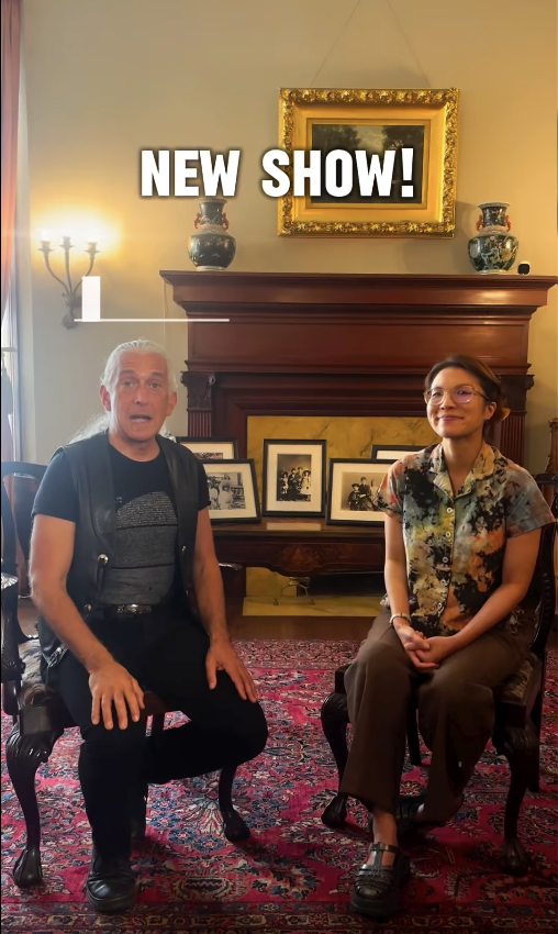 Screenshot of a social media video promo featuring a man and woman sitting in chairs in a Victorian parlor.