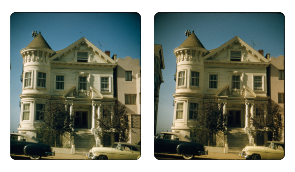 Two slide images side by side, of a four-story beige Victorian home and conical turret with black and beige car parked in front.
