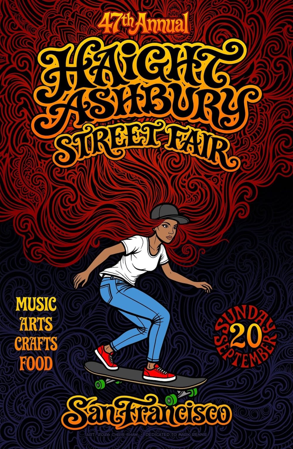 Haight Ashbury Street Fair poster featuring woman wearing jeans riding a skateboard, title for fair overlaid on her long red hair