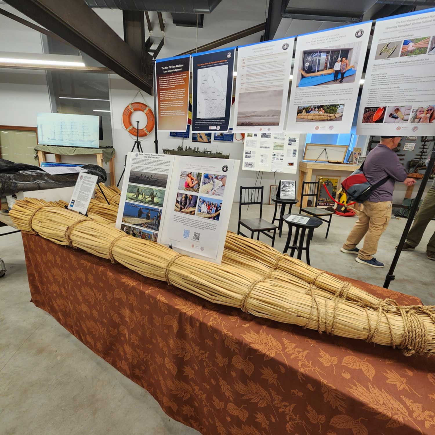 Tule-reed canoe in progress of creation at the Pier 70 Time Machine museum.