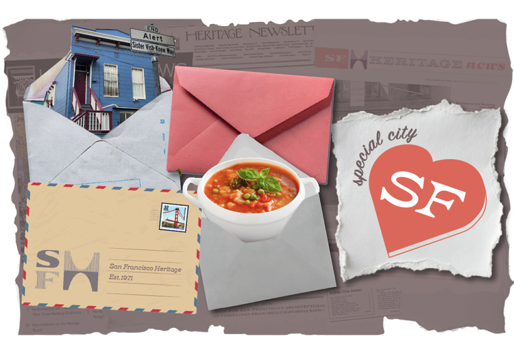 Collage featured image, show Special City heart logo with "SF", and a bowl of minestrone soup and flat front Italianate coming out of envelopes