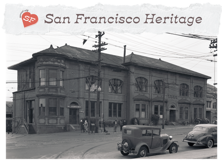 Black and white photograph of a two-story building with American flag flying in a top window. A 1920s car parked across the street. Header design text reads San Francisco Heritage.